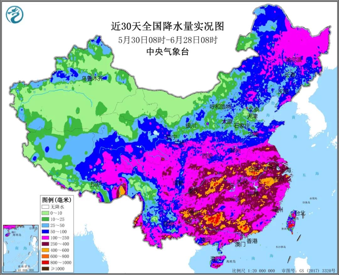 ▲圖為近30天全國降水實況圖。來源：中央氣象臺