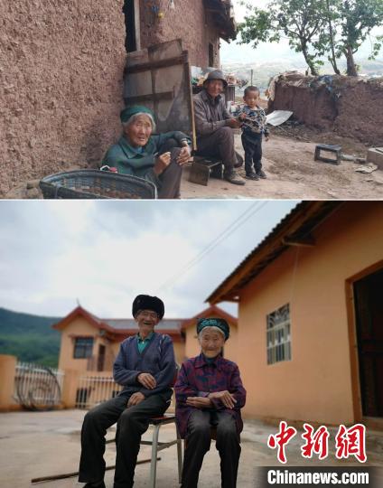 上圖為甲甲溝村村民羅木你坡夫婦所住的舊房，下圖為夫婦倆遷入的新居。(拼版圖) 張浪 攝